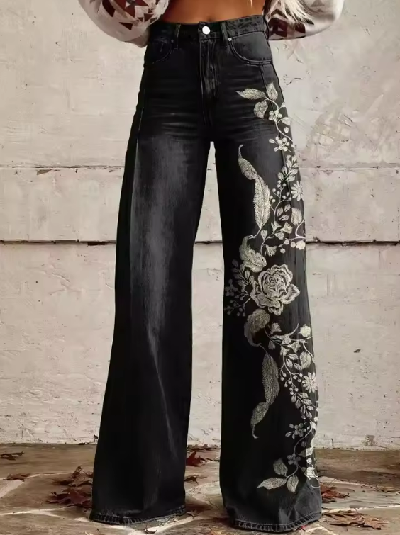 Elisa | Vintage Zwarte Bloemen Chique Broek