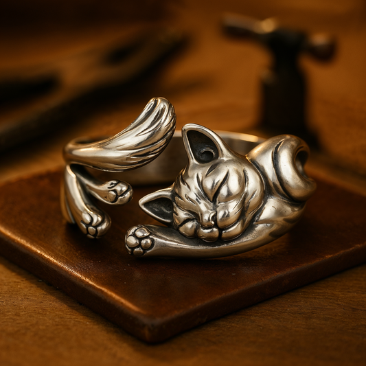 Vintage ring met kat in zilver Kitty