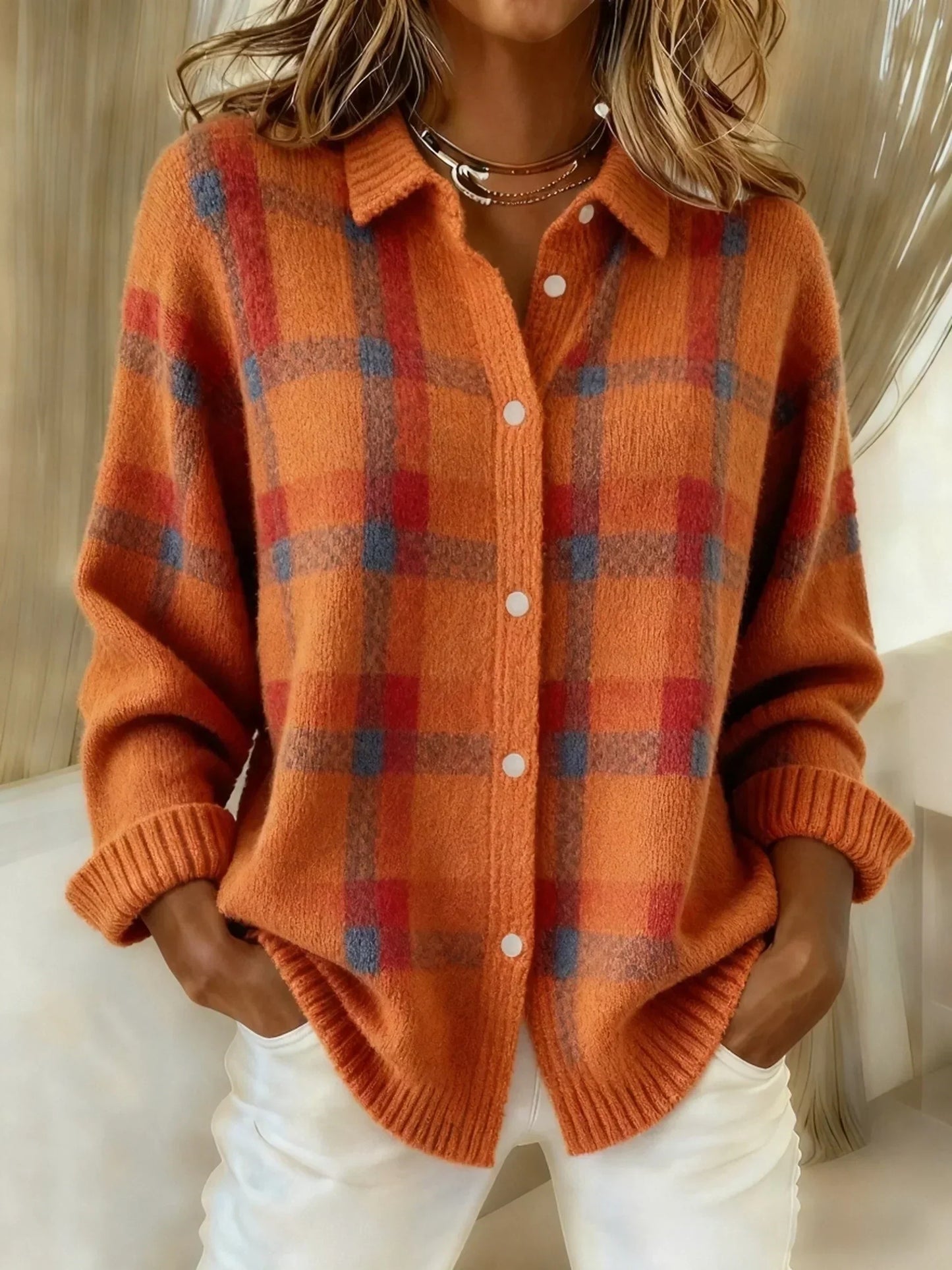 Elanzia | Retro Geruit Casual Trui met Contrast