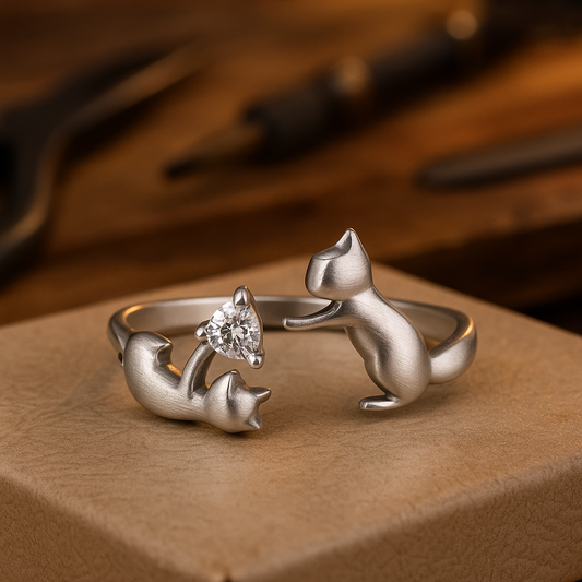 Helena verstelbare ring van sterling zilver met een speelse kat en zirkonia