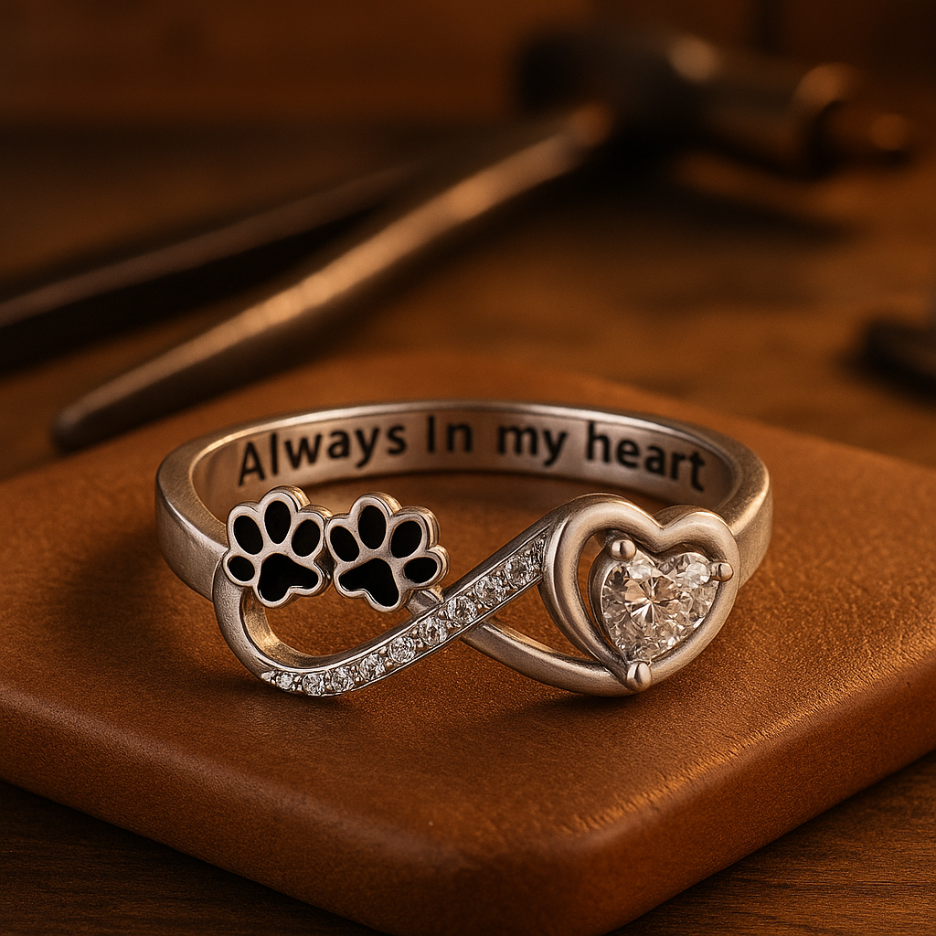 Infiniti Love ring met zirconia in de vorm van een pootje met een ontwerp in de vorm van een hart en oneindigheid