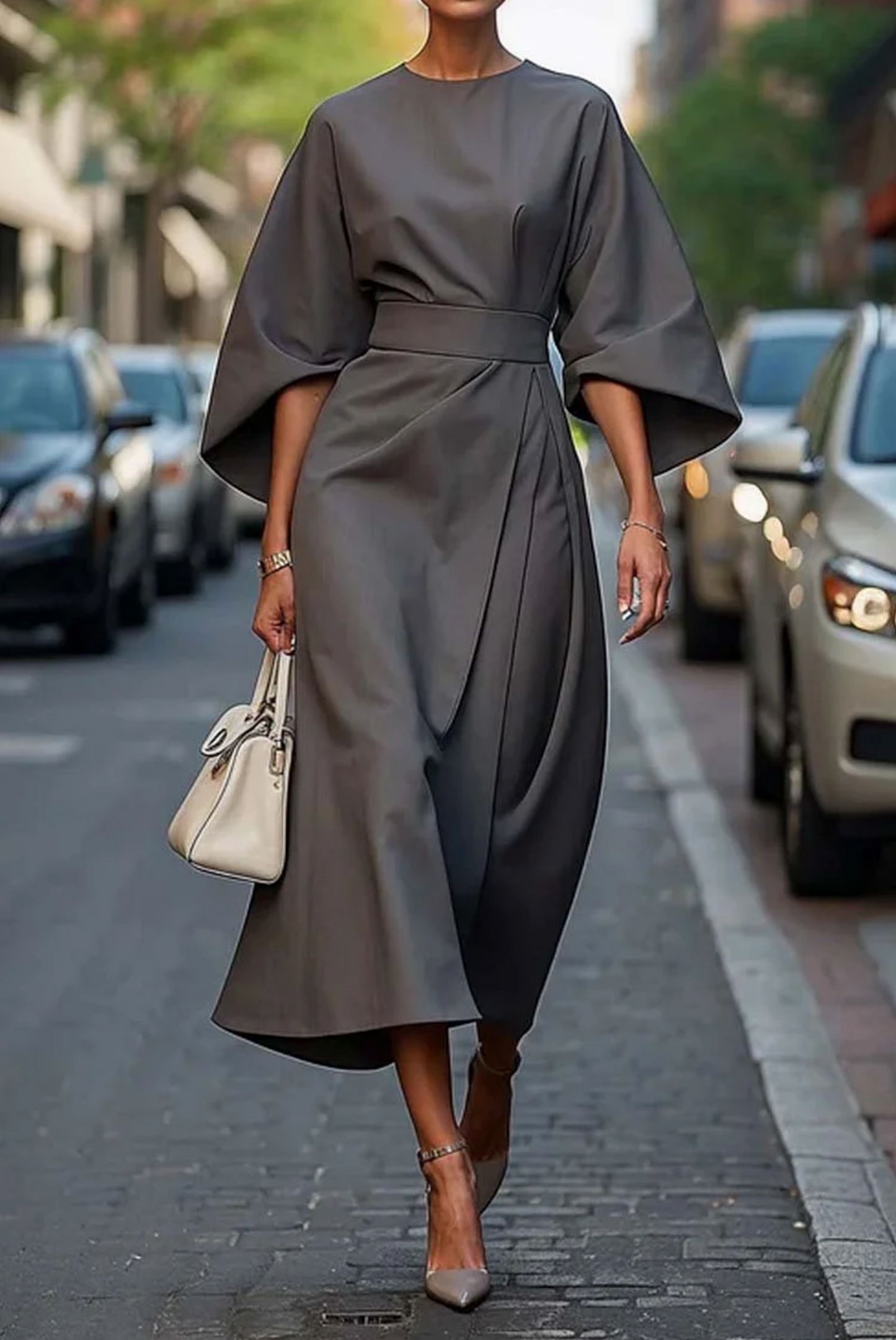 Sonja | Elegante Jurk met Lanternmouwen en Tailleband
