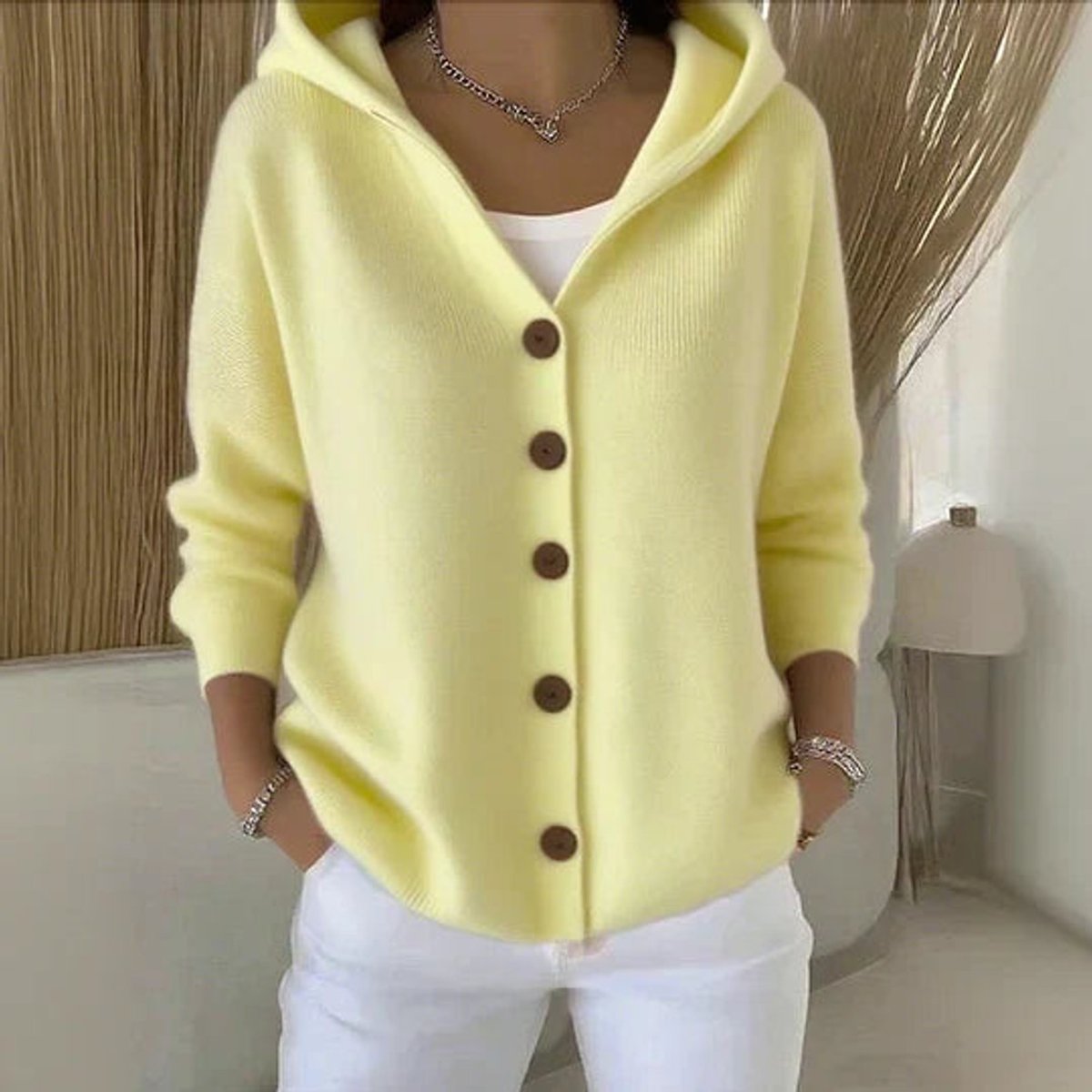 Kelly | Dames Relaxed-Fit Gebreide Cardigan Met Capuchon Knoopsluiting